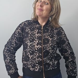 Stella & Dot Black Floral Lace Bomber Jacket - Women's Fashion